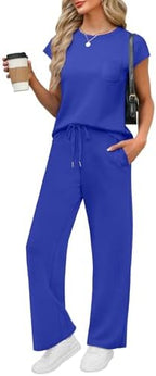 WIHOLL 2 Piece Sets for Women Casual Summer Travel Vacation Outfits Cap Sleeve Lounge Set by WIHOLL