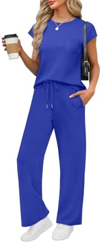 WIHOLL 2 Piece Sets for Women Casual Summer Travel Vacation Outfits Cap Sleeve Lounge Set by WIHOLL
