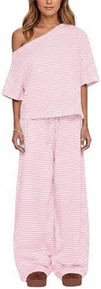 Ythomm Striped Pajama Sets Womens Two Piece Lounge Outfits Short Sleeve Off Shoulder Shirts Drawstring Pants Matching Pj Sets by Ythomm