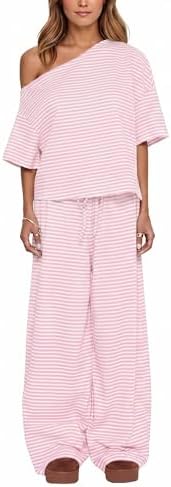 Ythomm Striped Pajama Sets Womens Two Piece Lounge Outfits Short Sleeve Off Shoulder Shirts Drawstring Pants Matching Pj Sets by Ythomm