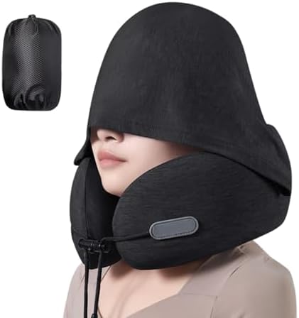 Travel Neck Pillow with Privacy Hoodie Memory Foam 360° Neck & Chin Support Portable with Carry Bag Airplane Sleeping Pillow for Comfort (Black) by FANPOIBeauty