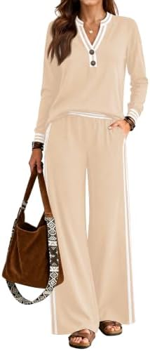 Lounge Sets for Women 2 Piece Outfits Henley Tops High Waisted Pants Set by ETCYYNEW