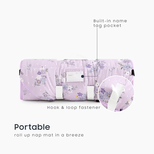 Wake In Cloud - Cot Nap Mat with Pillow and Blanket, 100% Cotton Fabric, for Toddler Kids Girls Ages 3 Plus in Daycare Kindergarten Preschool with Elastic Corner Straps, Floral Flowers - Image 3
