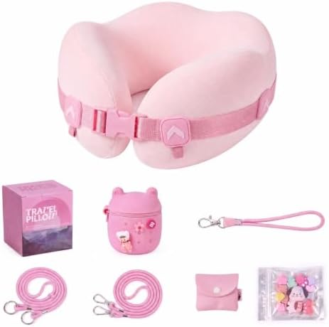 Memory Foam Travel Neck Pillow for Women and Girls, 360° Adjustable Neck Support for Airplane & Car, Hands-Free Crossbody Carry, Soft Compact Travel Pillow with Cute Storage Case for Flights (Pink) by Unknown