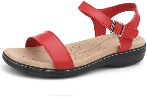Women's Classic Flat Sandals Leather Open Toes Memory Foam One Band Ankle Strap Adjustable Slip On Shoes by Jofofun