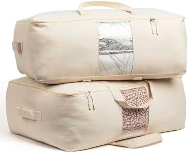 Soft Canvas Storage Bags with Zipper. Thick Breathable, 2pc King/Queen Comforter Organizer. Four Carrying Handles and Window. Large 25x19x9in Bag for Sheets Blankets Bedding Pillows, Clothes by VeraMia