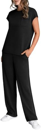 WIHOLL 2 Piece Sets for Women Casual Summer Travel Vacation Outfits Cap Sleeve Lounge Set - Image 4