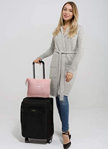 BlueHills Long Travel Blanket Pillows for Two Airplane Traveling Essentials Flight Throws in Bag case with Backpack Clip Compact Large Plane Accessories – Gray and Pink - Image 6