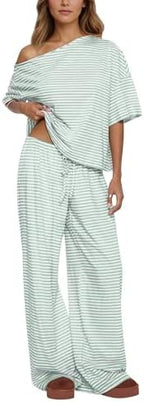Ythomm Striped Pajama Sets Womens Two Piece Lounge Outfits Short Sleeve Off Shoulder Shirts Drawstring Pants Matching Pj Sets by Ythomm