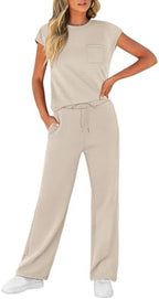 WIHOLL 2 Piece Sets for Women Casual Summer Travel Vacation Outfits Cap Sleeve Lounge Set - Image 3