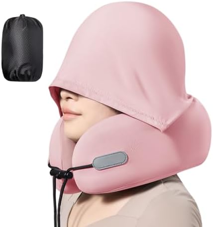 Travel Neck Pillow with Privacy Hoodie Memory Foam 360° Neck & Chin Support Portable with Carry Bag Airplane Sleeping Pillow for Comfort (Pink) by FANPOIBeauty
