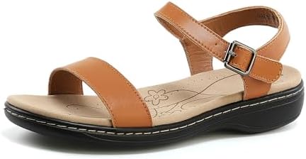 Women's Classic Flat Sandals Leather Open Toes Memory Foam One Band Ankle Strap Adjustable Slip On Shoes by Jofofun