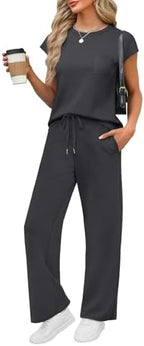 WIHOLL 2 Piece Sets for Women Casual Summer Travel Vacation Outfits Cap Sleeve Lounge Set by WIHOLL