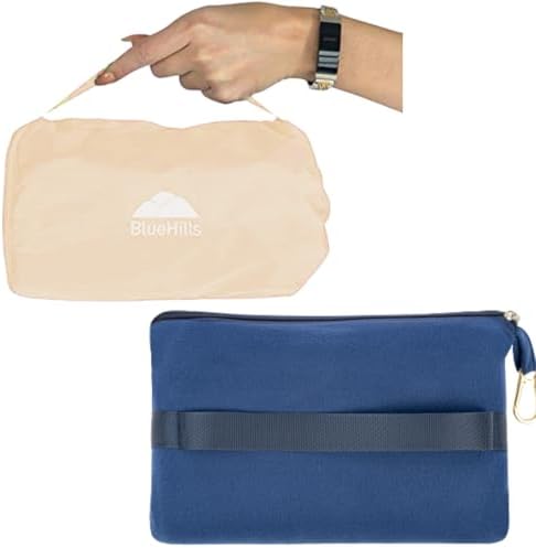 BlueHills Ultra Compact Travel Blanket Pillows Lightweight for Two Airplane Traveling Essentials Flight Throws in Bag case with Backpack Clip Compact Large Plane Accessories – Beige and Navy Blue by BlueHills