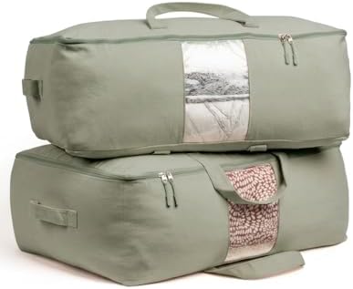 Soft Canvas Storage Bags with Zipper. Thick Breathable, 2pc King/Queen Comforter Organizer. Four Carrying Handles and Window. Large 25x19x9in Bag for Sheets Blankets Bedding Pillows, Clothes (Green) by VeraMia