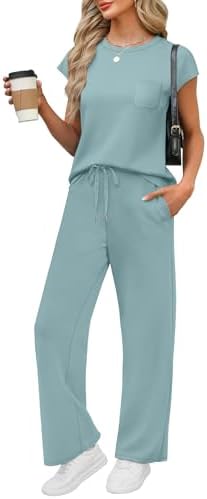 WIHOLL 2 Piece Sets for Women Casual Summer Travel Vacation Outfits Cap Sleeve Lounge Set by WIHOLL