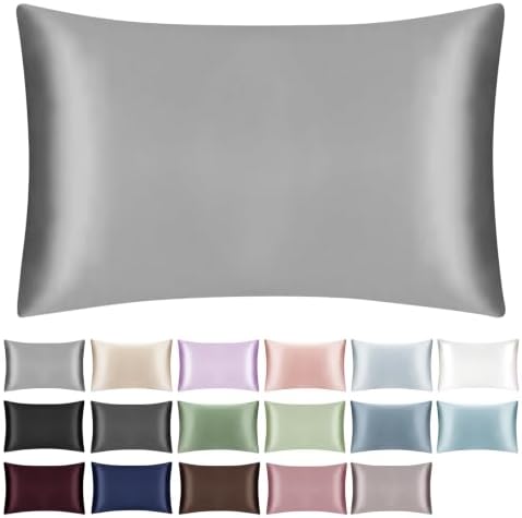 100% Mulberry Silk Zippered Bed Pillowcase for Hair and Skin,Zip Up Real Silk Large Pillow Case,19 Momme Grade 6A,1pc,Silver Grey,Super King Size 20x36 Inches by SILKTALE