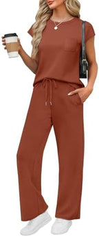 WIHOLL 2 Piece Sets for Women Casual Summer Travel Vacation Outfits Cap Sleeve Lounge Set by WIHOLL