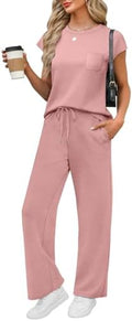 WIHOLL 2 Piece Sets for Women Casual Summer Travel Vacation Outfits Cap Sleeve Lounge Set by WIHOLL