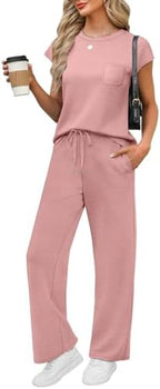 WIHOLL 2 Piece Sets for Women Casual Summer Travel Vacation Outfits Cap Sleeve Lounge Set by WIHOLL