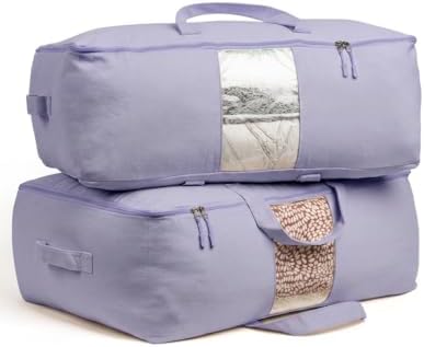 Soft Canvas Storage Bags with Zipper. Thick Breathable, 2pc King/Queen Comforter Organizer. Four Carrying Handles and Window. Large 25x19x9in Bag for Sheets Blankets Bedding Pillows, Clothes (Purple) by VeraMia