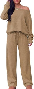Ulovmi Women's Ribbed Lounge Set Off Shoulder Top Wide Leg Pants Set by Ulovmi