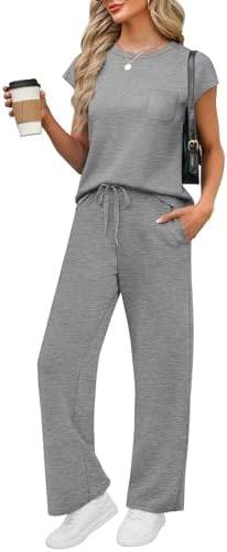 WIHOLL 2 Piece Sets for Women Casual Summer Travel Vacation Outfits Cap Sleeve Lounge Set by WIHOLL