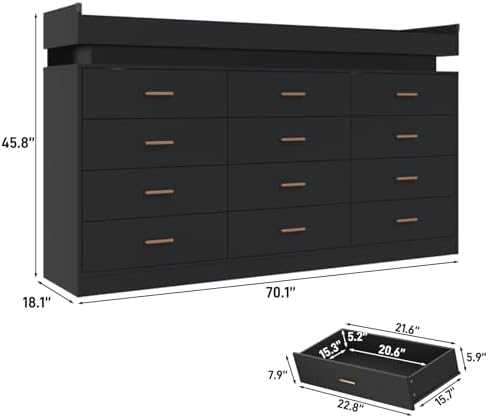 jiteentarou 12 Drawer Dresser with Charging Station and LED Lights, Modern Chest of Drawers with Power Outlet, Organizer Cabinet for Bedroom, Living Room, Entryway, Black - Image 2