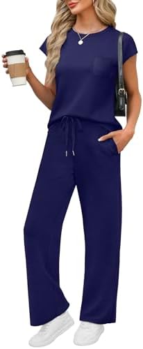 WIHOLL 2 Piece Sets for Women Casual Summer Travel Vacation Outfits Cap Sleeve Lounge Set by WIHOLL