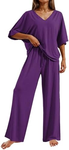 Ekouaer Pajama Sets Womens 2 Piece Short Sleeve Long Pants Pjs Lounge Set by EKOUAER