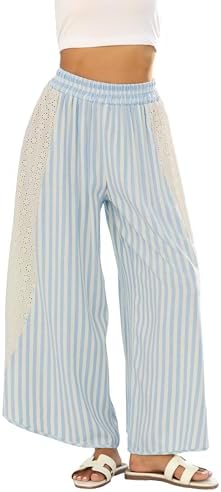 Athlisan Womens Summer Casual Loose Striped Wide Leg Lounge Pants Elastic Waist Palazzo Trousers by AthlisanFashion