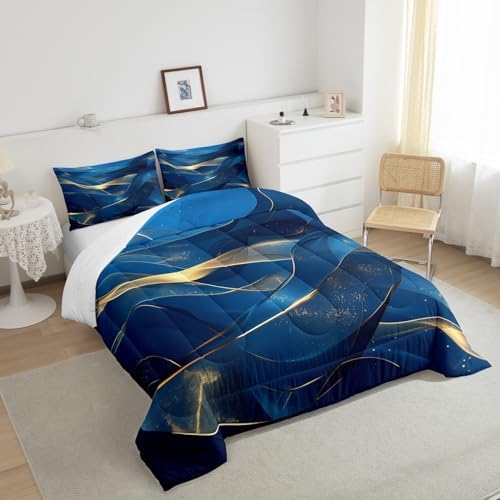 Erosebridal Navy Blue and Gold Comforter Set Full Size,Abstract Marble Aesthetic Bedding Set for Kids Adults Room Decor,Watercolor Abstract Art Quilt Bed Set Modern Style Down Comforter 3Pcs - Image 4