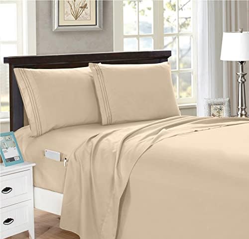 Elegant Comfort 4-Piece Solid Smart Sheet Set-Deep Pocket Fitted Sheet with Side Storage Pockets-Silky Soft 1500 Thread Count Egyptian Quality Microfiber, Wrinkle and Fade Resistant, King, Cream - Image 3