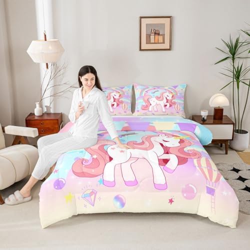 Erosebridal Unicorn Full Bedding Sets for Girls Cute Rainbow Unicorn Comforter Set Bedroom Decor for Girls Kids Horse Duvet Set Ombre Bedding Stars Magical Animal Down Comforter Reverse 3Pcs - Image 4