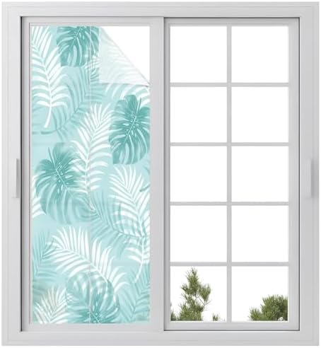 Window Privacy Film Frosted, Teal Green Palm Trees Tropical Static Cling Door Window Covering, Summer Beach Botanical UV Blocking Windows Film for Office, Hotel, Bedroom, 29.5 x 78.7 Inches by Unknown