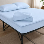 Zipper Cot Fitted Sheet, 33 x 75 Camping Cot Mattress Sheets, 400 Thread Count 100% Cotton, Includes 1 Wraparound Base, 2 Removable Zipper Top Sheets & 2 Pillowcases, 8 Inch Deep Pocket, Light Blue by Unknown