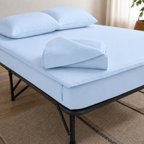 Zipper Cot Fitted Sheet, 25 x 75 Camping Cot Mattress Sheets, 400 Thread Count 100% Cotton, Includes 1 Wraparound Base, 2 Removable Zipper Top Sheets & 2 Pillowcases, 8 Inch Deep Pocket, Light Blue by Unknown