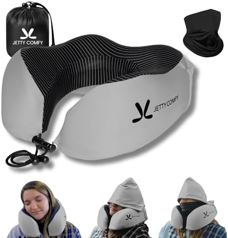 Premium Memory Foam Travel Neck Pillow with Hood and Face Cover for Privacy - Ergonomic Design for Sleeping on Plane, Bus, Train, Office (Gray) by Unknown