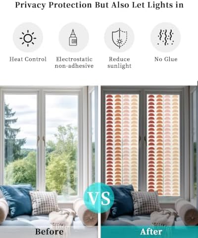 Window Privacy Film Frosted, Colorful Boho Reusable Static Cling Window Tints, Middle Century Geometric Abstract Art Heat Control Windows Films for Offices, Balcony, 29.5 x 118 Inches - Image 6