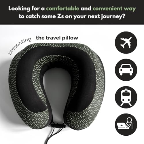 Neck Pillow for Travel | Memory Foam Neck Pillow with Chin Support | Travel Pillow | Adjustable Rope Lock | Removable & Washable Cover with Travel Bag | Travel Essentials | Green & Black - Image 4