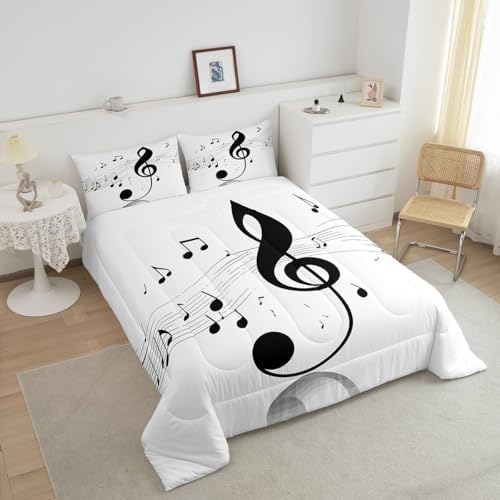 Erosebridal Girls Musical Notes Down Comforter, Kids Musical Staves Pattern Comforter Set King Size, Music Theme Hip Hop Bedding Set for Boys Teens Women, Modern Simple Quilted Duvet, Black White - Image 4