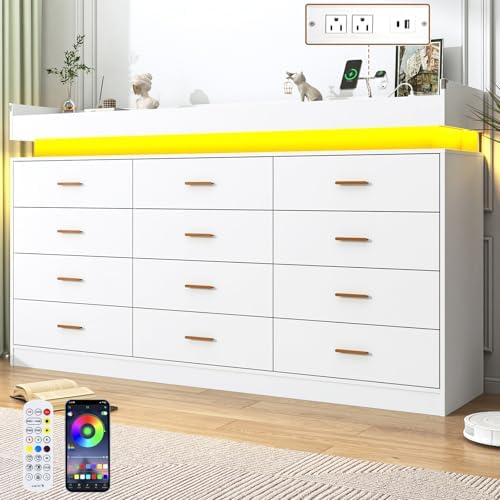 jiteentarou 12 Drawer Dresser with Charging Station and LED Lights, Modern Chest of Drawers with Power Outlet, Organizer Cabinet for Bedroom, Living Room, Entryway, White by jiteentarou