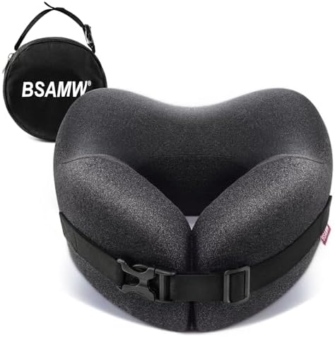 Travel Neck Pillow for Airplane – Vacuum Compressed Memory Foam, Ergonomic Neck Support, Soft & Washable Cover, Travel Accessories for Sleeping in Flight, Car, Train, Office Use (Black) by Unknown