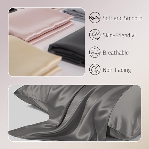 Gabire Mulberry Silk Pillow Cases Set of 2, Both Sides Real Silk Pillow Cover for Hair and Skin Cool Pillowcase Organic Silk Pillowcase 2 Pack with Hidden Zipper, Grey, Queen (20"×30") - Image 2