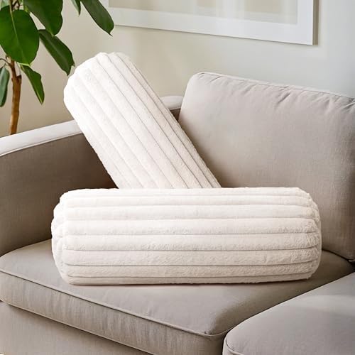 AELS Faux Fur Striped Cylinder Pillows Set of 2, 8" x 24" Decorative Modern Bolster Pillows with Removable Washable Cover & Insert, Body Pillow for Couch Bed, Living Room Bedroom Nursery Decor, White by AELS