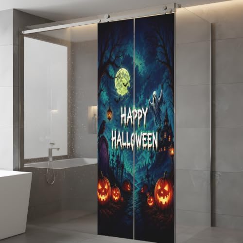 Window Privacy Film Frosted, Halloween Static Cling Door Window Covering, Blue Spooky Pumpkin Ghost Moonlight Castle UV Blocking Windows Film for Office, Hotel, Bedroom, 29.5 x 78.7 Inches - Image 5