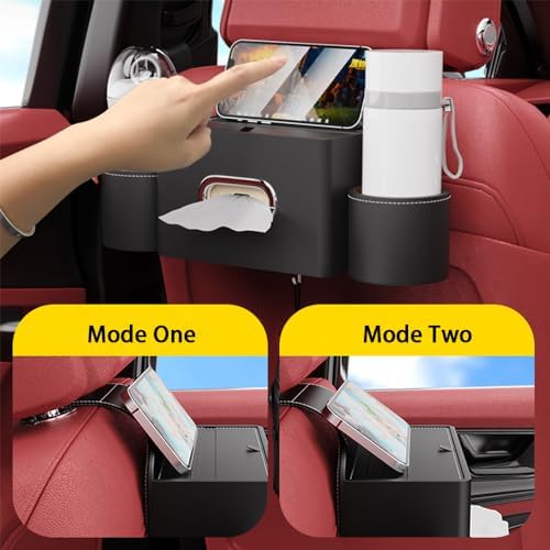 Seat Back Organizer, Full Leather Cover Tissue Case Headrest Storage Box with 2 Cup Holders and Hook Multi-functional Durable Back Seat Storage Tool for Family Travel and Kids Care Red - Image 3