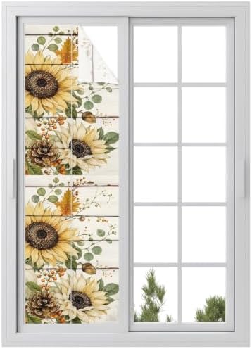 Window Privacy Film Frosted, Pumpkins Sunflower Fall Reusable Static Cling Window Tints, Thanksgiving Botanical Wooden Heat Control Windows Films for Offices, Balcony, 29.5 x 118 Inches by Unknown