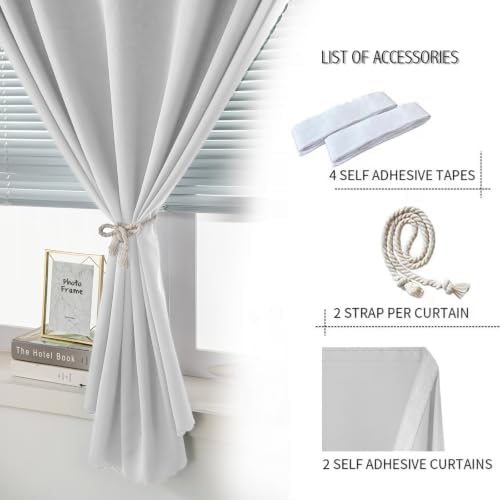 Blackout Curtains for Bedroom Sticky Curtain Blackout Window Cover Self Adhesive Curtains Rod No Drillng, 47" W X 71" L, Light Grey, 2 Panels - Image 3