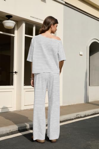 Ythomm Striped Pajama Sets Womens Two Piece Lounge Outfits Short Sleeve Off Shoulder Shirts Drawstring Pants Matching Pj Sets - Image 3